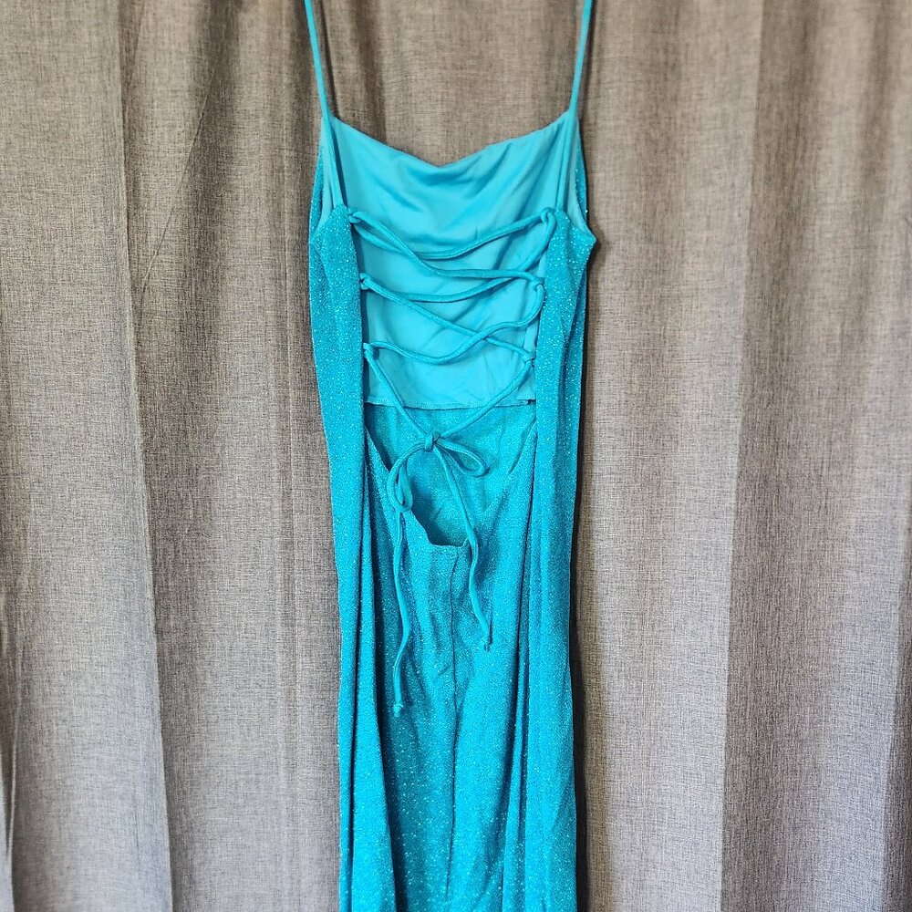 Long sparkly teal formal prom dress, strappy back